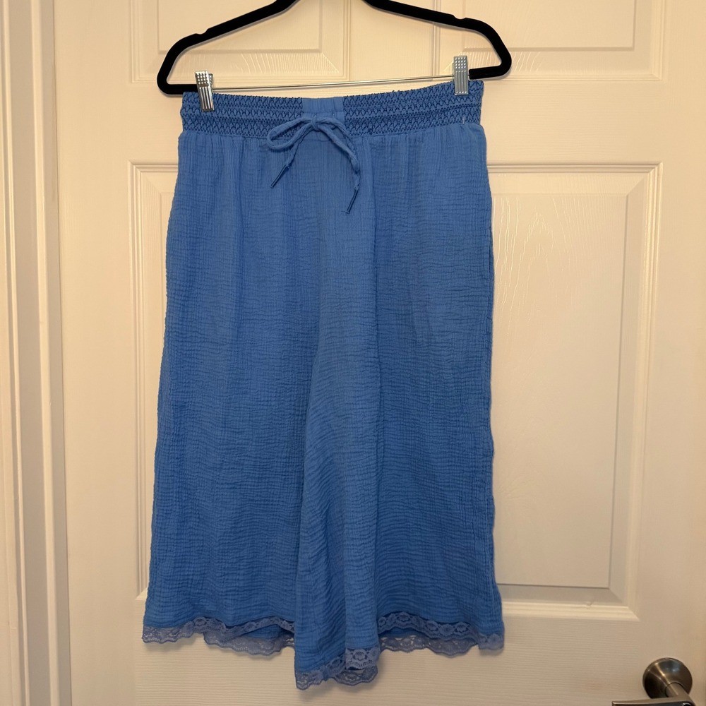 Anthropologie Celandine Gauze Culotte Pants Blue Large Boho Lace Trim Casual - Picture 2 of 6